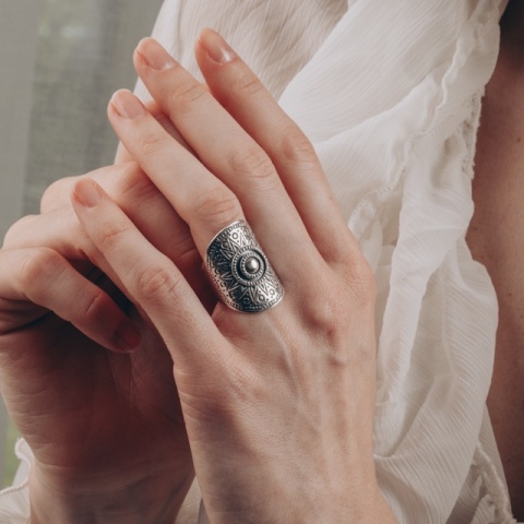 Offener Ring aus Sterlingsilber mit Sonnenmotiv, oxidiert und glänzend - Img 5