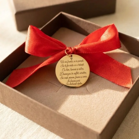 Bănuț botez din aur 14K personalizat față-verso cu zălă și fundă