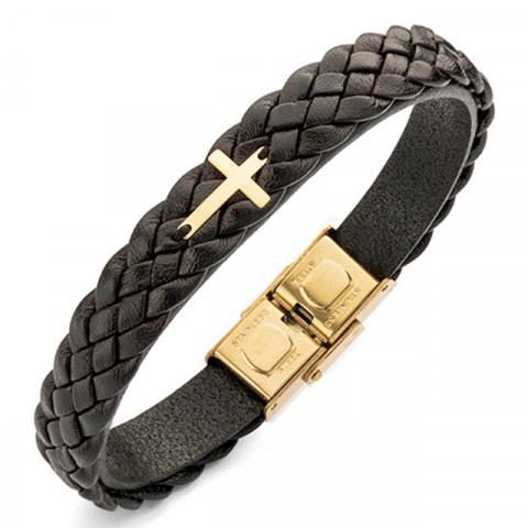 Brățară Bărbați Piele Împletită cu Cruce Aur 14K Personalizată – Model Veghe - Img 4