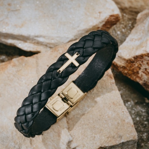 Brățară Bărbați Piele Împletită cu Cruce Aur 14K Personalizată – Model Veghe - Img 10