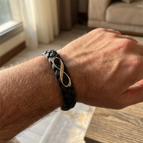 Brățară Bărbați Piele Împletită și Infinit Aur 14K Personalizată – Model Infinit