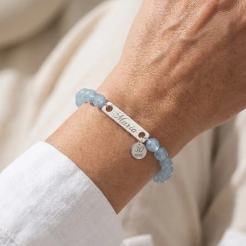 Brățară cu Acvamarin și Argint 925 – Personalizată cu Nume și Mesaj