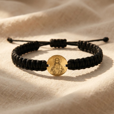 Brățară Șnur cu Aur 14K și Iisus Hristos Gravat – Brățară Religioasă din Aur - Img 4