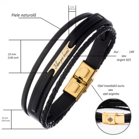Brățară Bărbați din Piele și Aur 14K – Cadou Personalizat cu Gravură | Model Demn M - Img 10