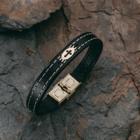 Brățară Bărbați Piele Cusută cu Cruce Aur 14K Personalizată – Model Spiritualitate Retro - Img 9