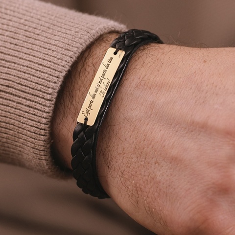 Brățară Bărbați Piele Împletită și Plăcuță Aur 14K Personalizată – Model Legământ