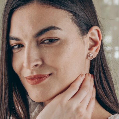 Cercei aur 14K femei – model eclipsă cu zirconiu, închidere cu șurub - Img 3