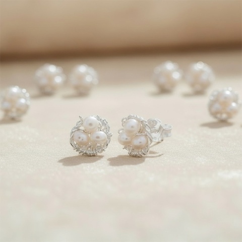 Cercei Mini Cuib cu Perle din Argint 925 – 8×8 mm - Img 2