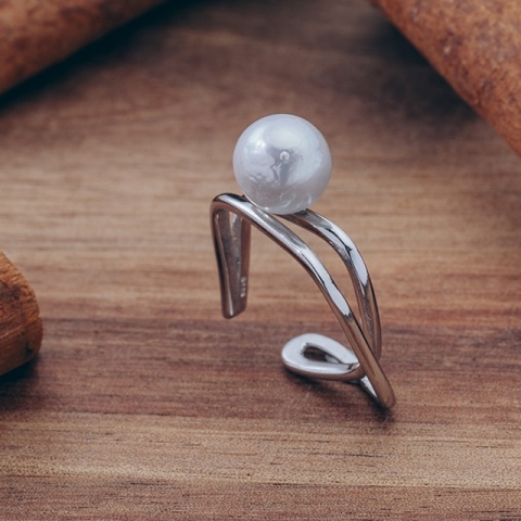 Rhodinierter offener Ring aus Sterlingsilber mit weißer Barock-Zuchtperle - Img 2