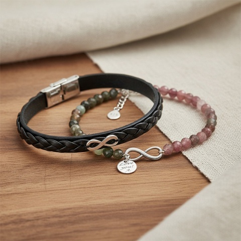 Set Brățări de Cuplu Simbol Infinit – Argint 925, Turmalină și Piele Personalizată