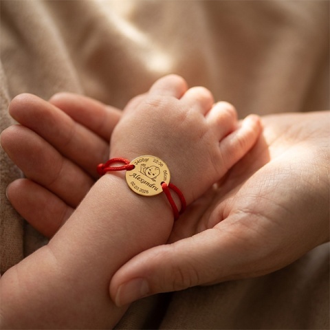 Brățară Aur 14K Personalizată cu Nume și Date Naștere – Bănuț 12mm/14 mm / 16 mm cu Pictogramă Copil