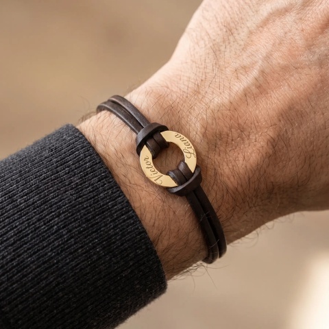 Brățară Bărbați din Piele cu Disc Aur 14K Personalizat – Gravură Față-Verso
