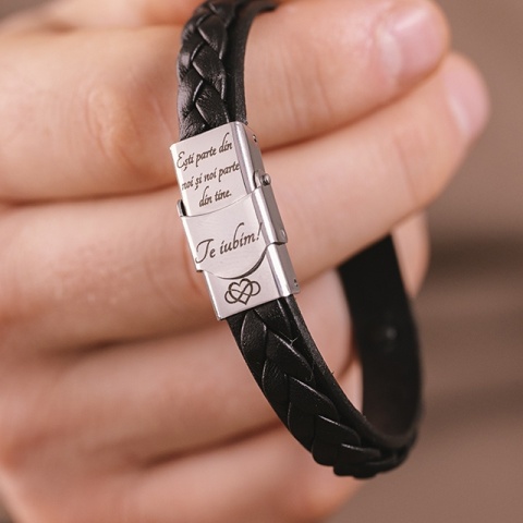 Brățară Bărbați Piele cu Plăcuță Argint 925 Personalizată – Model Elegant - Img 2