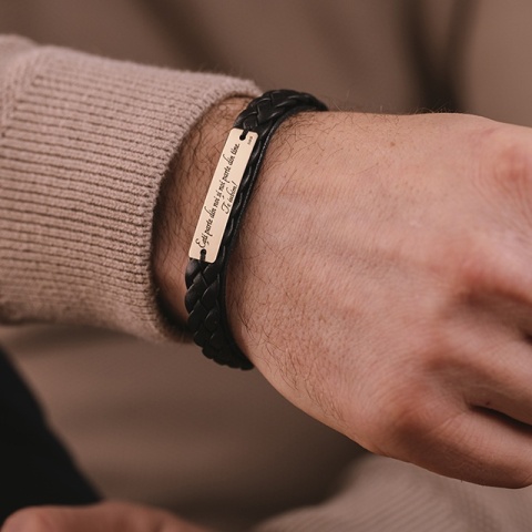 Brățară Bărbați Piele Împletită și Plăcuță Aur 14K Personalizată – Model Legământ - Img 8