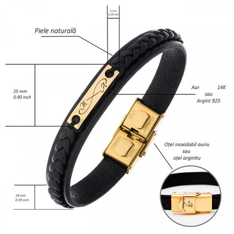 Brățară Bărbați Piele și Plăcuță Aur 14K Personalizată – Model Elegant - Img 7