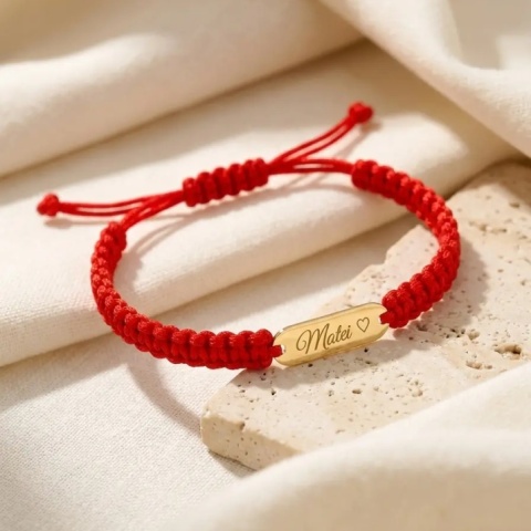 Brățară copii aur 14K cu plăcuță personalizată față-verso și șnur reglabil