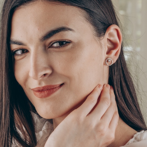 Cercei aur 14K femei – model eclipsă cu zirconiu, închidere cu șurub - Img 4