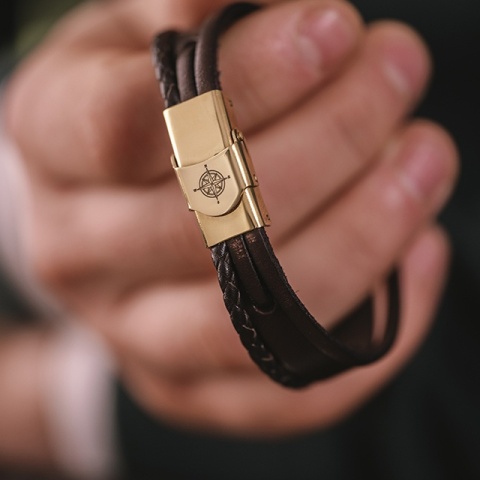 Leder &amp; 14K Gold Personalisiertes Demn M Leder &amp; 14K Gold Armband (Verschluss aus Edelstahl) - Img 2