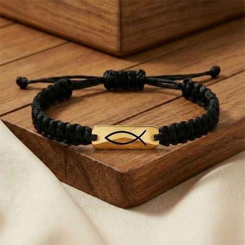 Peștele creștin (Ichthys) – brățară din aur 14K pe șnur, personalizabilă