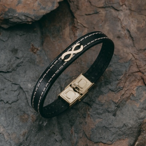 Retro Infinite Armband aus Leder und Gelbgold oder 14 Karat Weißgold (Verschluss aus Edelstahl) - Img 8