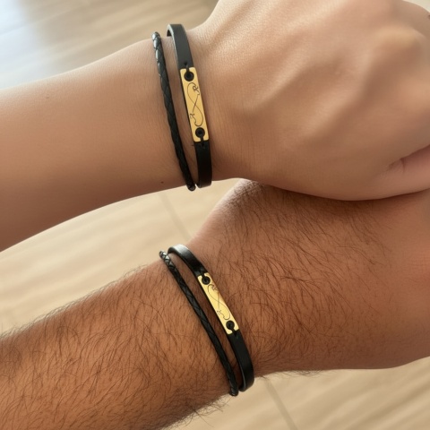 Set Brățări Cuplu Piele cu Plăcuță Aur 14K Personalizată (Multisir 8mm) - Img 3