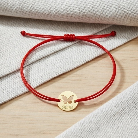 Brățară din aur 14K cu bănuț rotund și fluture decupat, personalizată, pe șnur reglabil Evana