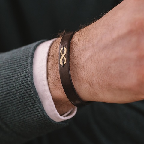 Brățară Bărbați Piele cu Infinit din Aur 14K Personalizată – Model Infinit S