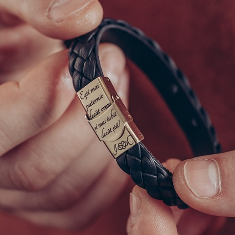 Brățară Bărbați Piele Împletită cu Cruce Aur 14K Personalizată – Model Veghe - Img 2