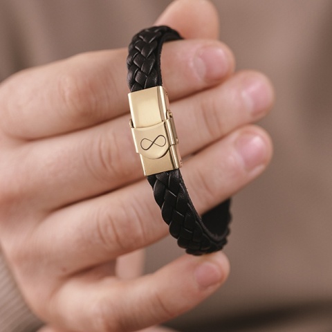 Brățară Bărbați Piele Împletită și Plăcuță Aur 14K Personalizată – Model Legământ - Img 2