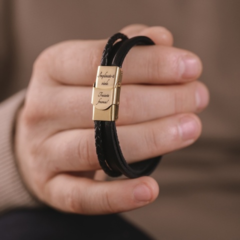Brățară cu Busolă Aur 14K pentru Bărbați – Piele Naturală Personalizată - Img 2
