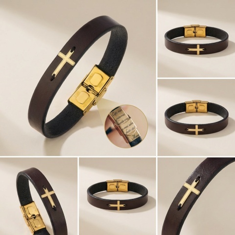Personalisiertes Leder &amp; Kreuz 14K Gold Kreuz-Armband - Spirituelles Symbol und Schutz (Edelstahlverschluss) - Img 9