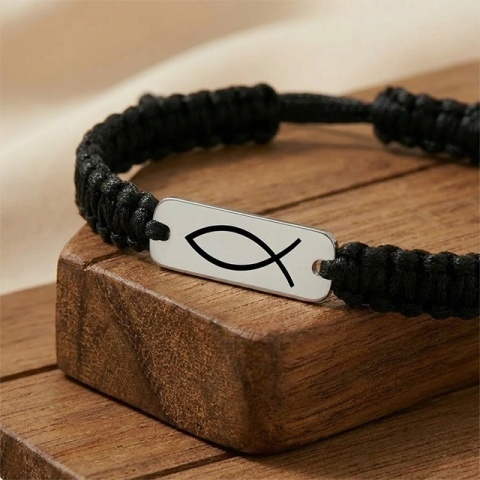 Peștele creștin (Ichthys) – brățară din argint 925 pe șnur, personalizabilă