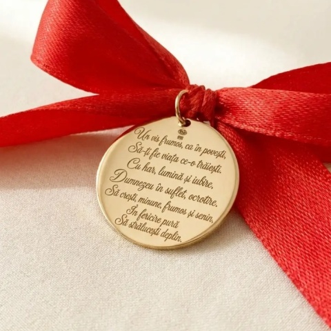 Bănuț personalizat aur 14K pentru botez cu nume și datele nașterii, diametru 23,5 mm