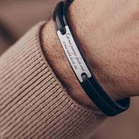 Brățară Bărbați din Piele și Argint 925 – Cadou Personalizat cu Mesaj Lung Gravabil | Elegance
