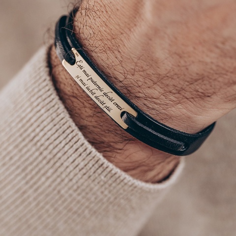 Brățară Bărbați din Piele și Aur 14K – Cadou Personalizat cu Mesaj Lung Gravabil