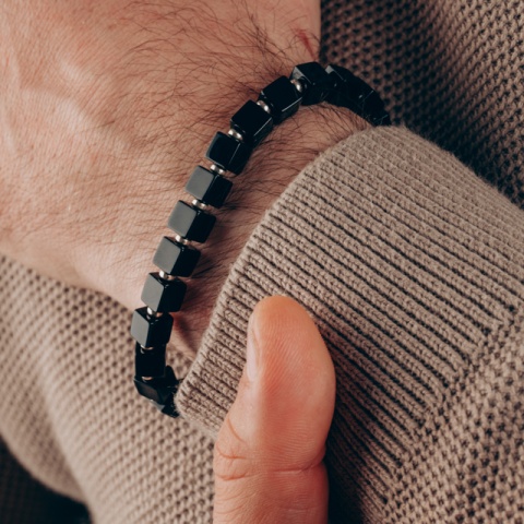 Brățară onix cub 6 mm cu elemente argint, mărimi S–XXL, reglabilă - Img 2