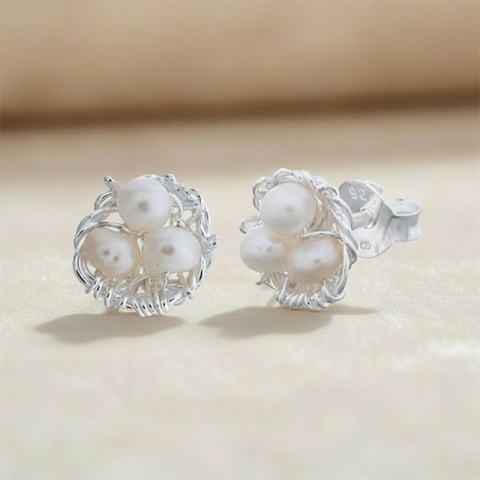 Cercei Mini Cuib cu Perle din Argint 925 – 8×8 mm - Img 3