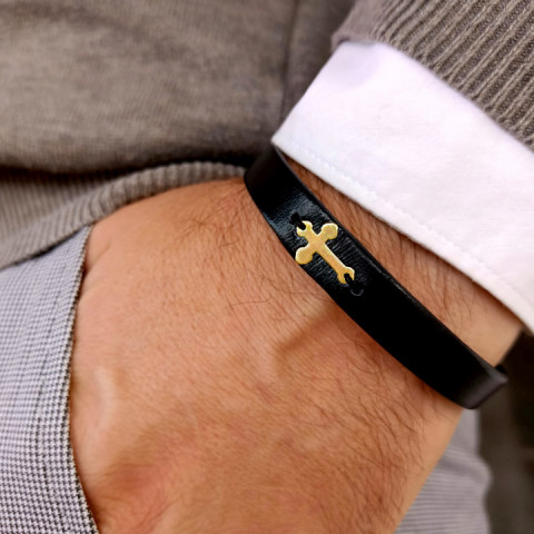Cross Clover- Leder- und Goldarmband Gaben/ Weißgold (Edelstahlschließe)