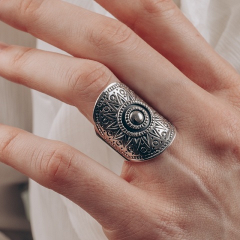 Offener Ring aus Sterlingsilber mit Sonnenmotiv, oxidiert und glänzend - Img 9