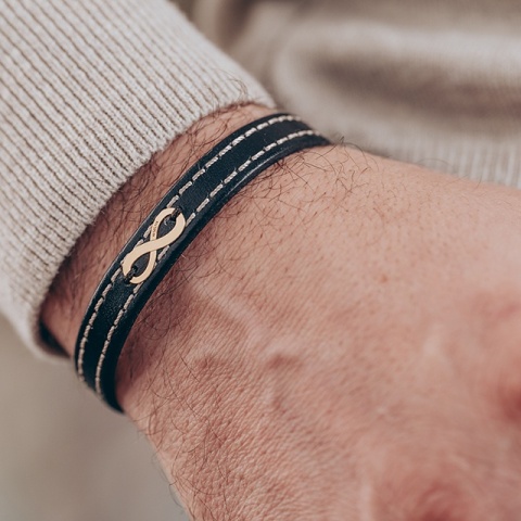 Retro Infinite Armband aus Leder und Gelbgold oder 14 Karat Weißgold (Verschluss aus Edelstahl) - Img 1