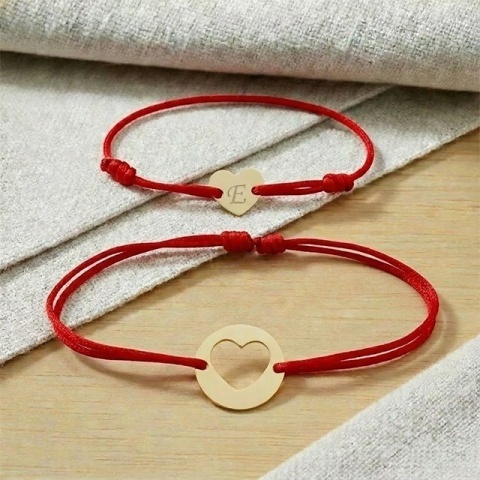 Set Brățări Mamă & Copil din Aur 14K – Inimă și Inimă Decupată | Șnur Roșu Reglabil - Img 2