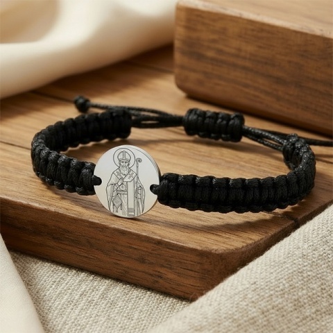 Sfântul Nicolae – brățară din argint 925 pe șnur, personalizabilă