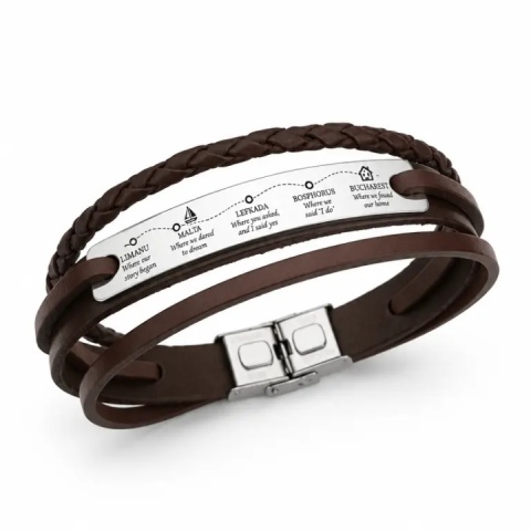 Brățară Bărbați din Piele Multistrat și Argint 925 – Plăcuță 50 mm, Gravură Personalizată - Img 2