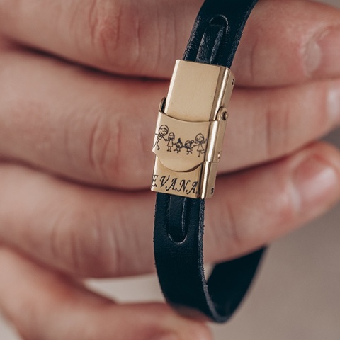 Brățară Bărbați din Piele și Aur 14K – Cadou Personalizat cu Mesaj Lung Gravabil - Img 2