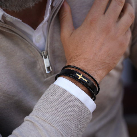 Brățară Bărbați Piele cu Cruce Aur 14K Personalizată – Model Unic M
