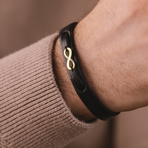 Brățară Bărbați Piele cu Infinit din Aur 14K Personalizată – Model Infinit Sven