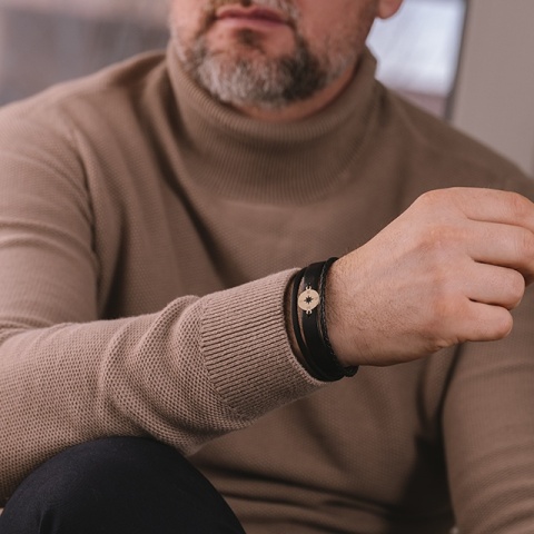 Brățară cu Busolă Aur 14K pentru Bărbați – Piele Naturală Personalizată - Img 9