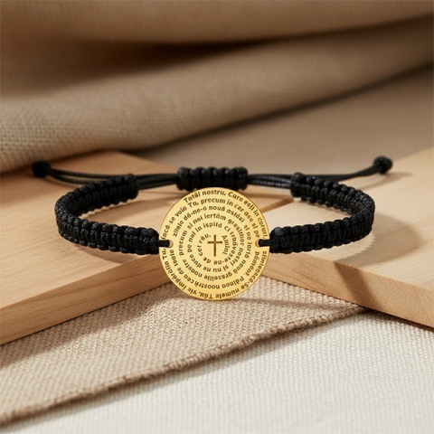 Brățară cu șnur și bănuț Tatăl Nostru din aur 14K – Bijuterie religioasă unisex Evana