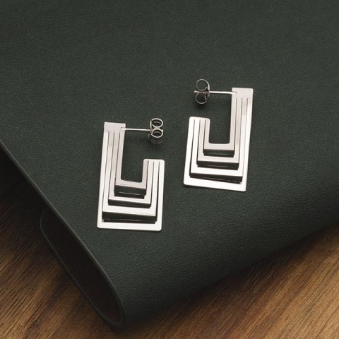 Cercei Hoop Rectangulari din Argint 925 cu Strălucire 3D și Placare cu Rodiu - Img 4