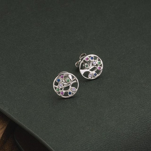 925 Sterling Silber Ohrringe - Baum des Lebens mit mehrfarbigen Zirkonen - Img 2